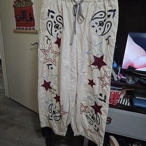 Free People Adorable Beige Embroidered Star & Paisley Drawstring Pants